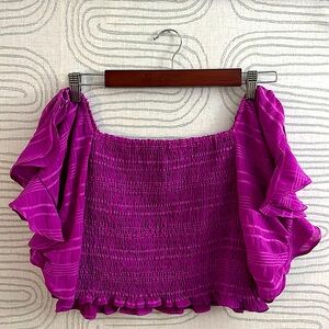 Purple Smocked Ruffle Sleeve Crop Top (Size L)